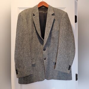 Vintage Harris Tweed Grey Herringbone Blazer Hardwick Clothes 46R Made In USA